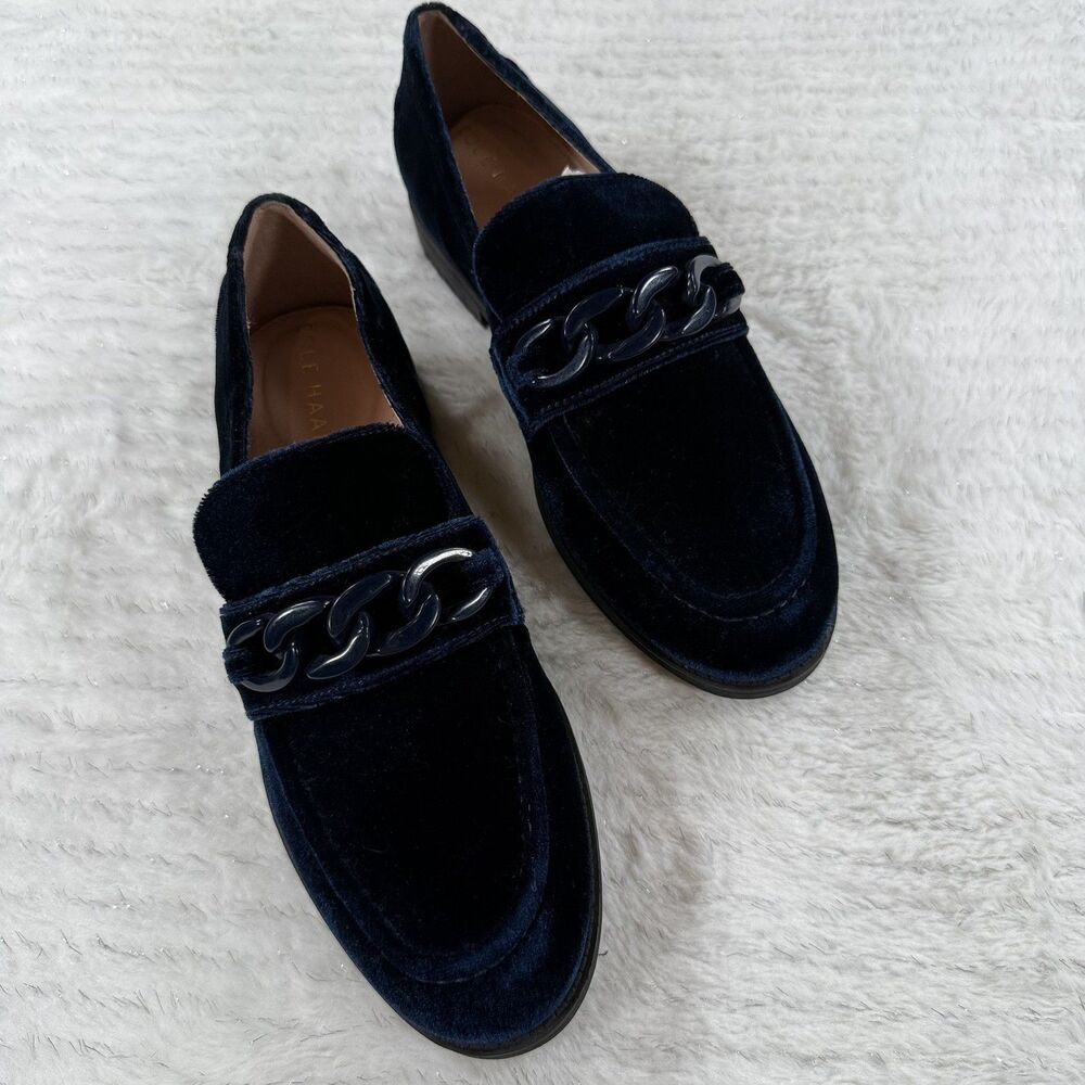 Cole Haan Womens Stassi Velvet Chain Loafer Navy Blue Size 6 Dress Flat